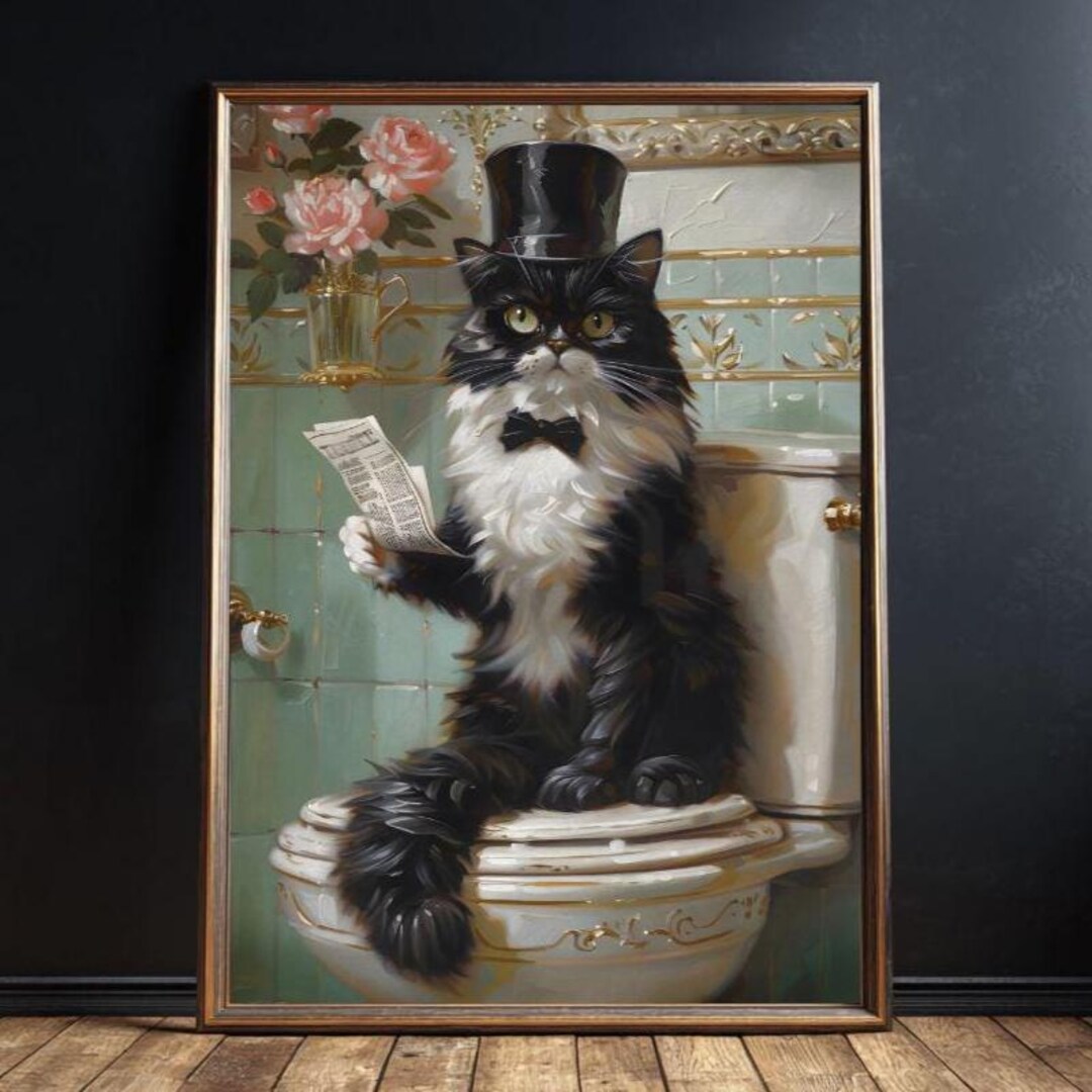 Funny Tuxedo Cat Bathroom Wall Art, Vintage Toilet Print, Whimsical ...