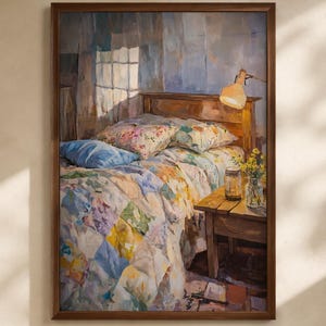 May include: A framed oil painting depicting a bedroom scene with a bed covered in a colorful patchwork quilt, floral pillows, and a solid blue pillow. A wooden nightstand holds a glass jar and a vase of yellow flowers under a warm lamp light.