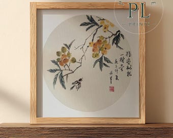 Dipinto originale cinese a inchiostro, raffigurante un albero di nespolo e un uccello, decorazione murale in stile Chinoiserie dipinta a mano, opera d'arte orientale unica nel suo genere, arredamento zen per la casa.