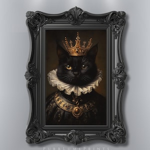 May include: A framed portrait of a black cat adorned with a gold crown, a frilled collar, and elaborate attire. The black frame features intricate detailing. The text "PURRLUME PRINTS" is visible at the bottom.