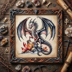 Könnte beinhalten: Gerahmte Illustration eines Skelettdrachens mit großen Flügeln, der auf einer Felsformation mit roten Kristallen sitzt. Der Rahmen ist dunkel mit komplizierten Details. Kristalle, Knochen und Schriftrollen umgeben das Kunstwerk.