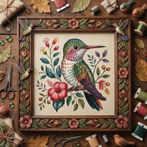Può includere: Un ricamo a punto croce incorniciato di un colibrì posato su un ramo con fiori di ibisco rossi. La cornice marrone presenta dettagli scolpiti di fiori e colibrì. L'uccello ha piume verdi, rosse e viola. Lo sfondo è beige neutro.