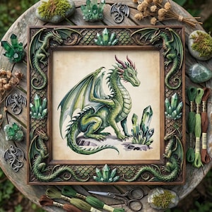 May include: A framed cross-stitch of a green dragon with a green and brown carved wooden frame. The frame is decorated with dragon figures and green crystal accents. Embroidery floss, scissors, and decorative items surround the frame.