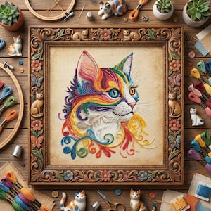 Regenbogen Katze Kreuzstich Stickmuster - Quilling Style Feline Stickerei PDF - Buntes Tier Design