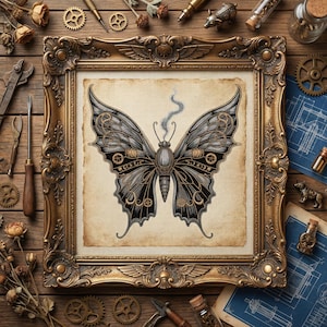 以下が含まれることがあります： スチームパンクスタイルの蝶のアートプリント。蝶は、ニュートラルな背景に黒と金の複雑な歯車と歯車のディテールが特徴です。装飾的な金色のフレームは、ヴィンテージ感を高めています。