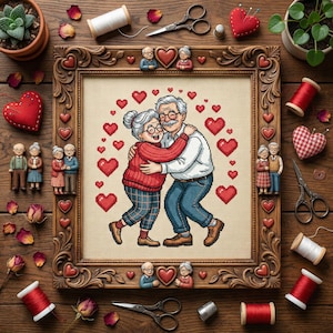 May include: A framed cross-stitch of an elderly couple embracing, surrounded by red hearts. The frame is ornate, with heart-shaped accents. Scattered around are sewing supplies, miniature figurines of couples, and heart-shaped decorations, all on a wooden surface.