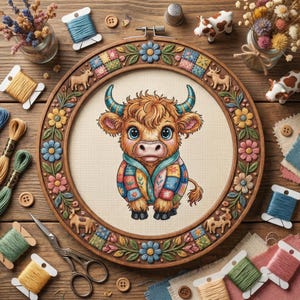 Puede incluir: Un bastidor de bordado de punto de cruz con una vaca de las Tierras Altas de dibujos animados que lleva una chaqueta de retazos. El bastidor de madera está decorado con motivos florales y geométricos. Bobinas de hilo, tijeras y otros suministros de artesanía rodean el bastidor.