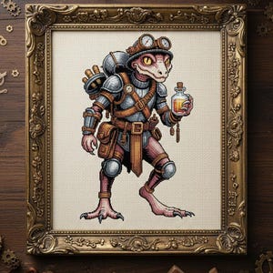 Könnte beinhalten: Kreuzstichkunst eines echsenartigen Wesens in Steampunk-Rüstung, das eine Flasche mit einem Trank hält. Das gerahmte Kunstwerk weist ein detailliertes Design mit einem goldfarbenen Rahmen auf. Die Kreatur trägt einen Helm mit Brille und einen Rucksack.
