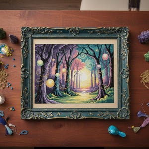 May include: A framed cross-stitch landscape depicts a whimsical forest scene with glowing orbs and a path leading to a bright light. The frame is teal with ornate detailing. Additional craft supplies and decorative items surround the frame.