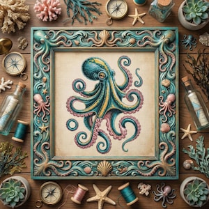 May include: A framed cross-stitch of an octopus in teal, yellow, and pink. The frame is teal with seashell and octopus details. The image is surrounded by nautical decor, including compasses, starfish, and miniature octopuses.