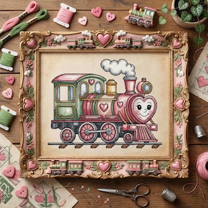 May include: A framed cross-stitch of a pink and green train with a heart-shaped front, set on a wooden surface. The frame is ornate, with train and heart motifs. Embroidery floss, buttons, and scissors surround the frame, suggesting a crafting theme.