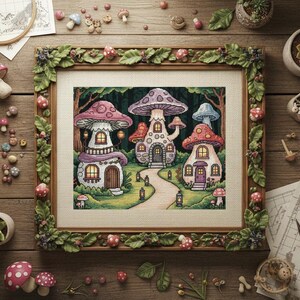 Pode incluir: Uma obra de arte em ponto cruz emoldurada retrata casas de cogumelos caprichosas com chapéus coloridos e janelas brilhantes. A moldura é adornada com folhas decorativas e detalhes de cogumelos. A cena é ambientada em uma superfície de madeira.