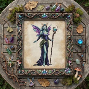 May include: A framed artwork featuring a fairy with purple wings, a dark purple dress, and a staff with a blue orb. The frame is ornate with green and blue accents. The artwork is surrounded by decorative elements like miniature fairies, mushrooms, and vials.