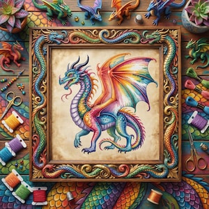 May include: A framed artwork featuring a colorful dragon with rainbow wings, set against a parchment-like background. The frame is intricately carved with dragon motifs. Miniature dragon figurines and spools of thread surround the frame, suggesting a fantasy or craft theme.