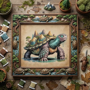 Puede incluir: Una obra de arte enmarcada que presenta una ilustración detallada de una tortuga con montañas en su espalda, ambientada en un paisaje. El marco está intrincadamente tallado con motivos de tortugas y árboles. La paleta de colores incluye verdes, azules y marrones, creando un tema inspirado en la naturaleza.
