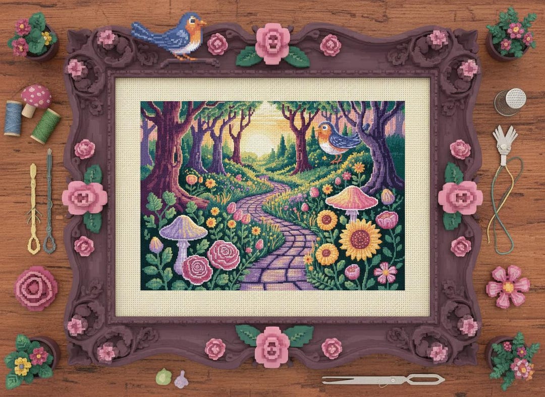 Enchanted Forest Path With Flowers and Bird – Cross Stitch Pattern (PDF ...