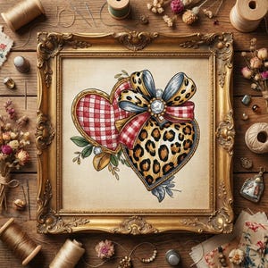 May include: A framed cross-stitch artwork featuring two hearts. One heart has a red and white gingham pattern, the other a leopard print. A bow with a jewel adorns the hearts. The frame is gold-colored with ornate detailing.