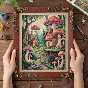 May include: A framed cross-stitch artwork depicts a whimsical mushroom village scene. The artwork features houses nestled among large mushrooms with red and orange caps. The frame is dark brown with decorative gold-colored corner accents and a vine design.
