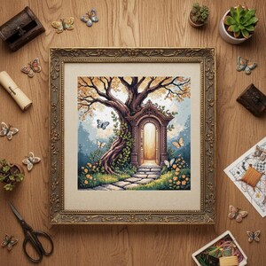 May include: Cross-stitch art of a tree with an arched doorway, butterflies, and a stone path, framed in gold. The artwork is surrounded by decorative butterflies, small chests, and plants on a wooden surface.
