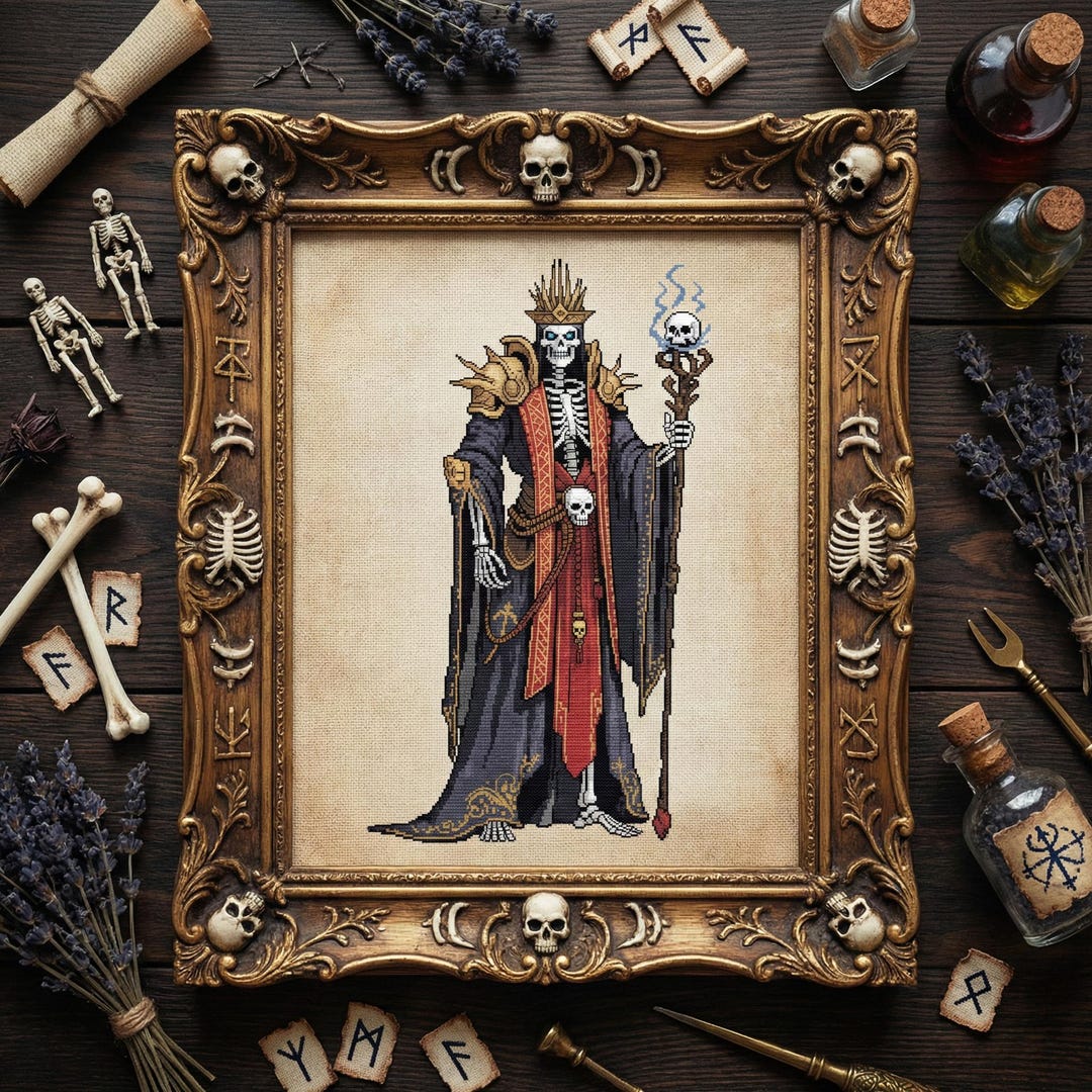 Undead Patterns Undead Lich King Cross Stitch Pattern: Skeleton Sorcerer With Crown and ...