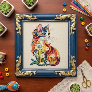 May include: A cross-stitch picture of a cat with a vibrant floral design, set in a blue frame with gold detailing. The image is surrounded by craft supplies, including succulents and beads. The frame measures approximately 25 cm x 25 cm.