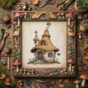 May include: A framed cross-stitch of a whimsical mushroom house with a thatched roof and stone accents. The frame is decorated with mushrooms and foliage. The scene is set on a wooden surface with craft supplies.