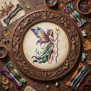 May include: A detailed cross-stitch design of a fairy with colorful wings, holding a staff, framed in a carved wooden oval. Embroidery floss in various colors, beads, and small fairy figurines surround the frame on a wooden surface.