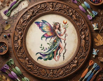 Celestial Forest Fairy Cross Stitch Pattern: Rainbow Winged Elf with Magic Staff (Embroidery PDF)