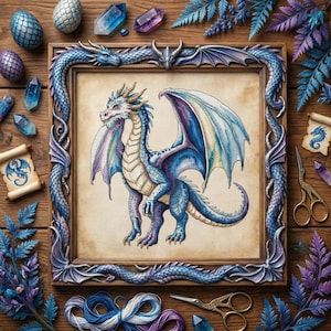 May include: A framed dragon illustration in shades of blue, purple, and gold. The frame is intricately designed with dragon motifs. Decorative eggs, crystals, and scrolls surround the frame, creating a fantasy theme.