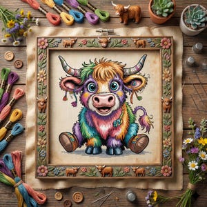 Peut inclure: Illustration colorée d'une vache des Highlands dans un cercle à broder. La vache a une fourrure aux couleurs de l'arc-en-ciel et un visage souriant. Le cadre est orné de motifs floraux et de vaches, entouré de fournitures de broderie.