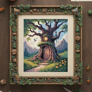 May include: A framed cross-stitch artwork depicts a whimsical treehouse scene. The tree has a door and a clock, with a person sitting on a branch. The frame is adorned with miniature houses and foliage. The color palette includes greens, blues, and browns.