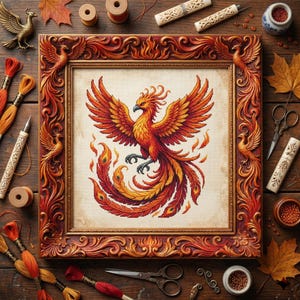 Fiery Phoenix Cross Stitch Pattern: Majestic Red & Gold Rebirth Bird (Embroidery PDF)
