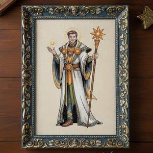 Könnte beinhalten: Gerahmte Illustration einer Figur in weißer Robe mit goldenen und blauen Akzenten, die einen Stab mit sternförmiger Spitze hält. Das Kunstwerk befindet sich vor einem beigefarbenen Hintergrund in einem dekorativen blau-goldenen Rahmen.