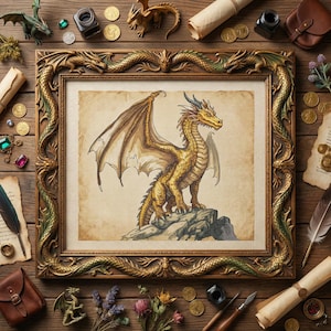 May include: A framed cross-stitch of a golden dragon perched on a rock, with outstretched wings. The ornate gold frame features dragon motifs. The image is surrounded by miniature dragon figurines, coins, scrolls, and other fantasy-themed items on a wooden surface.