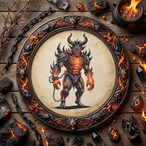 May include: A framed illustration of a demonic figure with horns, chains, and fiery details. The frame is ornate with devilish faces and flames. The image is surrounded by other occult items on a wooden surface.
