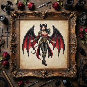 May include: A framed cross-stitch featuring a female demon with black wings and horns, wearing a red and black outfit. The ornate gold frame is surrounded by roses, candles, daggers, and gothic decor on a wooden surface.