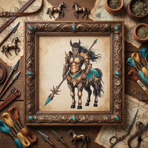 Könnte beinhalten: Gerahmtes Kunstwerk mit einem Zentaur-Krieger mit Speer, in goldener und türkisfarbener Rüstung. Der verzierte, braune Rahmen ist mit türkisfarbenen Akzenten versehen. Handwerksmaterialien wie Stickgarn umgeben das Kunstwerk.