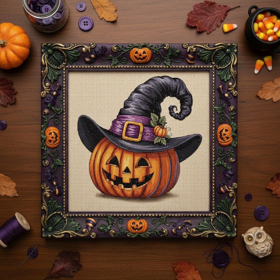 Halloween Pumpkin Witch Hat Cross Stitch Pattern – Cute Jack-o'-lantern ...