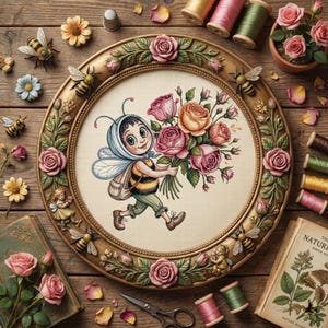 May include: A cross-stitch embroidery of a bee-themed character holding roses, set in a gold-coloured, ornate frame with floral and bee details. The scene includes sewing supplies like thread spools, scissors, and a thimble, arranged on a wooden surface. The embroidery is a charming craft item.
