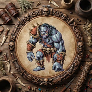 May include: A detailed illustration of a muscular blue-skinned orc warrior with tusks, horns, and skull adornments, centered in a wooden frame. The frame is decorated with skulls and tribal designs. Various handcrafted items surround the frame, including knives and pottery.
