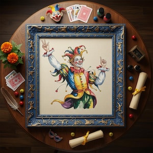 May include: A framed cross-stitch of a smiling jester in a colorful costume, set on a wooden table. The frame is blue with ornate detailing. Playing cards, a jester head, and other decorative items surround the frame.