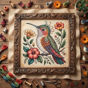 May include: A framed print of a hummingbird perched on a branch, surrounded by flowers. The frame is carved wood. The print features vibrant colors of red, orange, green, and blue. The image is set on a tan fabric, with sewing notions and decorative elements around it.