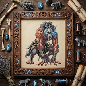 May include: A framed illustration of a werewolf with intricate details, surrounded by decorative elements. The frame is carved wood with blue lightning bolt accents. Additional items include wolf figurines, scrolls, and bone-like tools, creating a mystical theme.