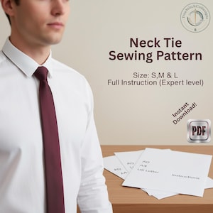 Può includere: Una cravatta bordeaux è indossata con una camicia bianca. L'immagine include un modello di cucito per una cravatta, con taglie S, M e L, e istruzioni complete. Il modello è un download immediato in formato PDF.