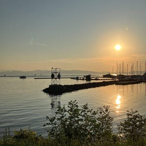Puede incluir: Una serena puesta de sol sobre un lago, con un muelle y barcos en silueta contra el cielo dorado. El reflejo del sol brilla sobre el agua, y la vegetación verde está en primer plano.