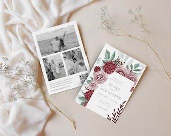 Convite de casamento romântico em aquarela floral lilás, modelo de convite, modelo de convite de casamento, convite de casamento com foto, convite editável