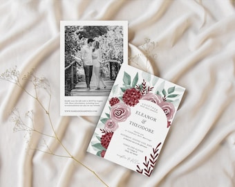 Convite de casamento aquarela floral malva, modelo de convite floral, modelo de convite de casamento, convite de casamento com foto, modelo editável