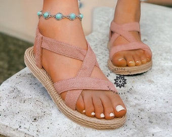 Handmade Women's Casual Lace Strap Flat Heel Sandals: Anti-Slip, Wear-Resistant, Trendy Beach Sandals for Summer Fashion