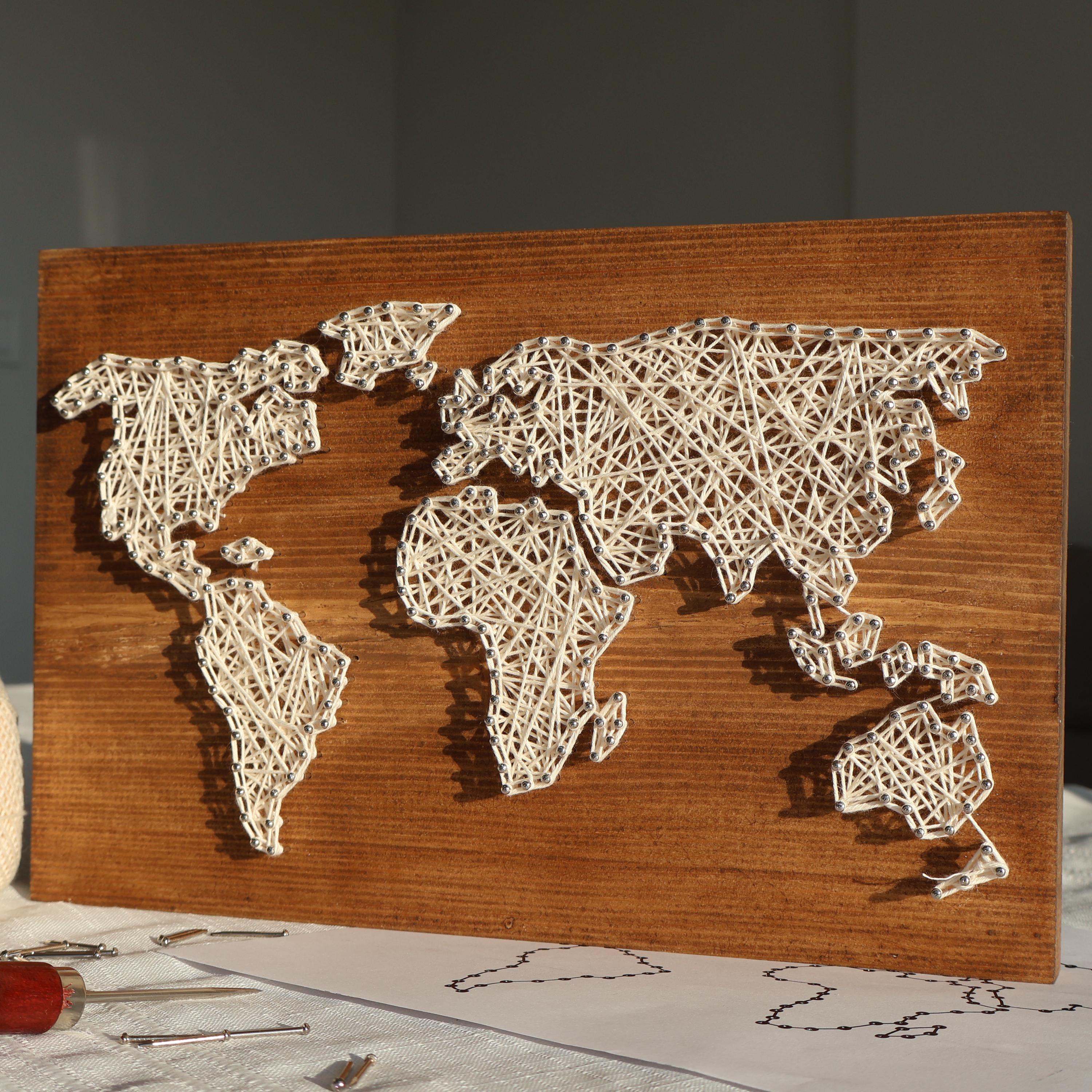 DIY World Map String Art Kit, Wooden Continental Wall Art, Global Home ...