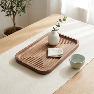 Acacia Wood Rectangular Tray, Hand-Carved Stepped Design, Desk Organizer, Home Gift